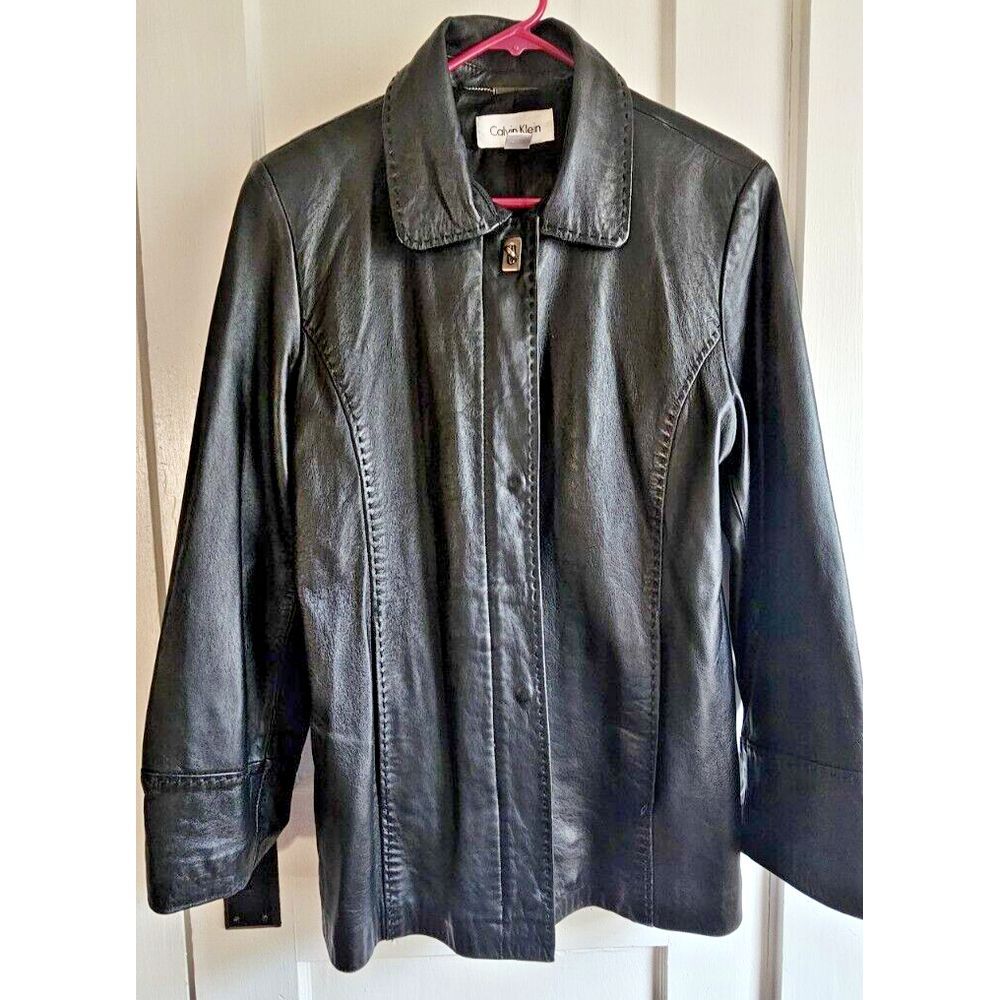 Calvin Klein Jacket Black Leather Collared Zip Front Snaps Pockets Lined Size L